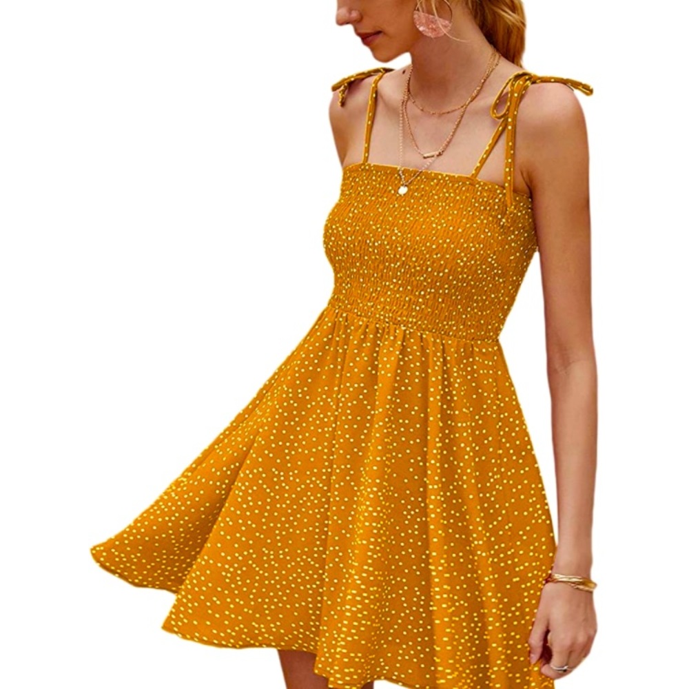 Boho shoulder tie yellow polka-dot flared dress
